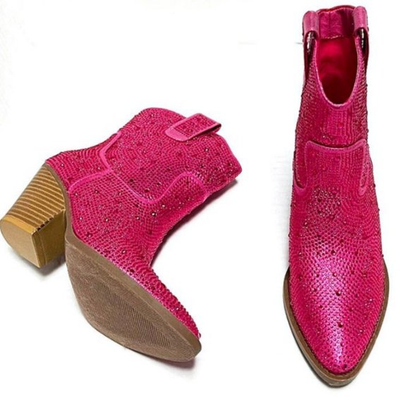 New Women Fuchsia Pink Blingy Rhinestone Cowboy Western Ankle Boots  Booties - Picture 5 of 5